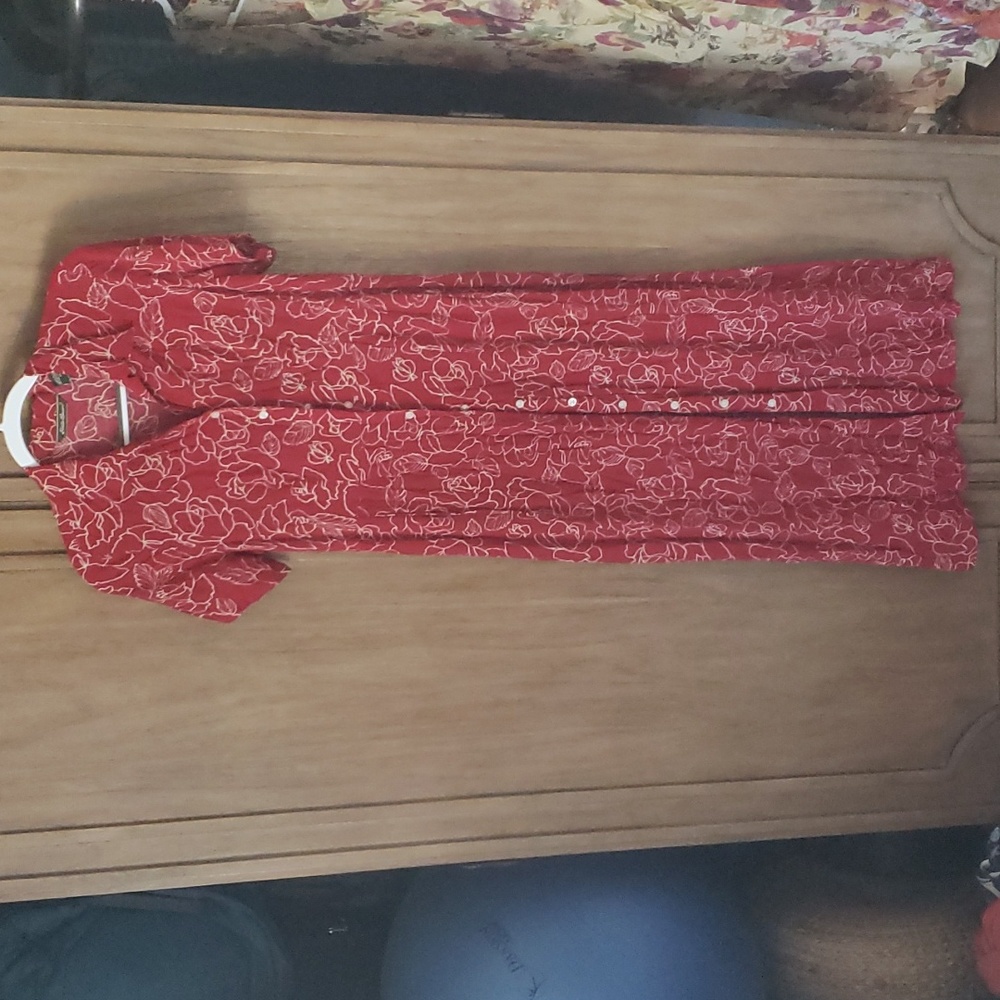 Eddie Bauer Red Floral Button-Front Maxi Dress